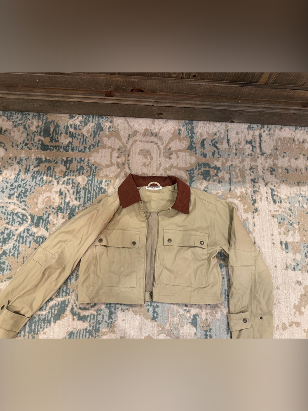 No Boundaries Khaki barn Jacket with Brown Corduroy Collar